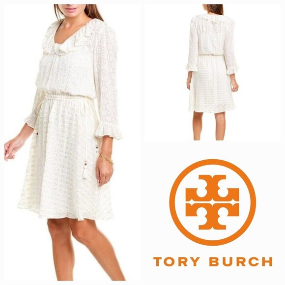 NWT Tory Burch Jasmine Ivory Gold Dress Tie Waist 12 Large - Picture 1 of 5